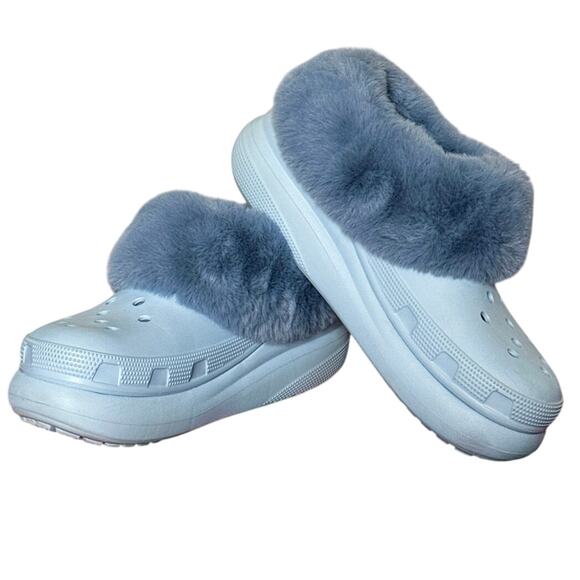 Crocs Shoes - Crocs Blue Calcite Furever Crush Faux Fur Lined Slip On Unisex Shoes M 7/W 9 EUC